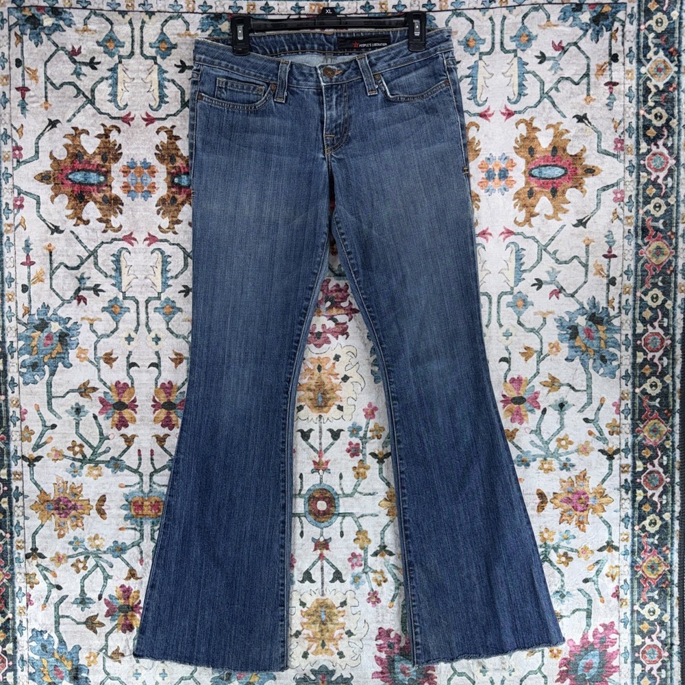 Y2K Low Rise People's Liberation Janine Flare Blue Jeans Size 30 X 31 Distressed